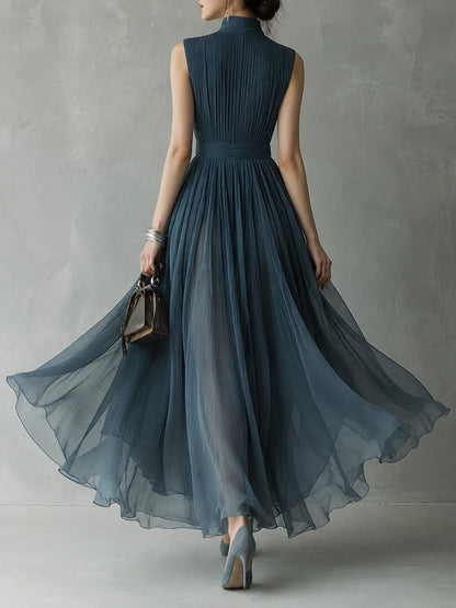 Retro Pleated Chiffon Keyhole Collar Maxi Dress