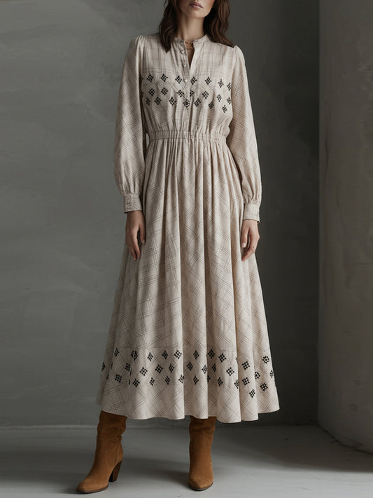 Bohemian Classic Sand Plaid Embroidered Cotton-blend Midi Dress