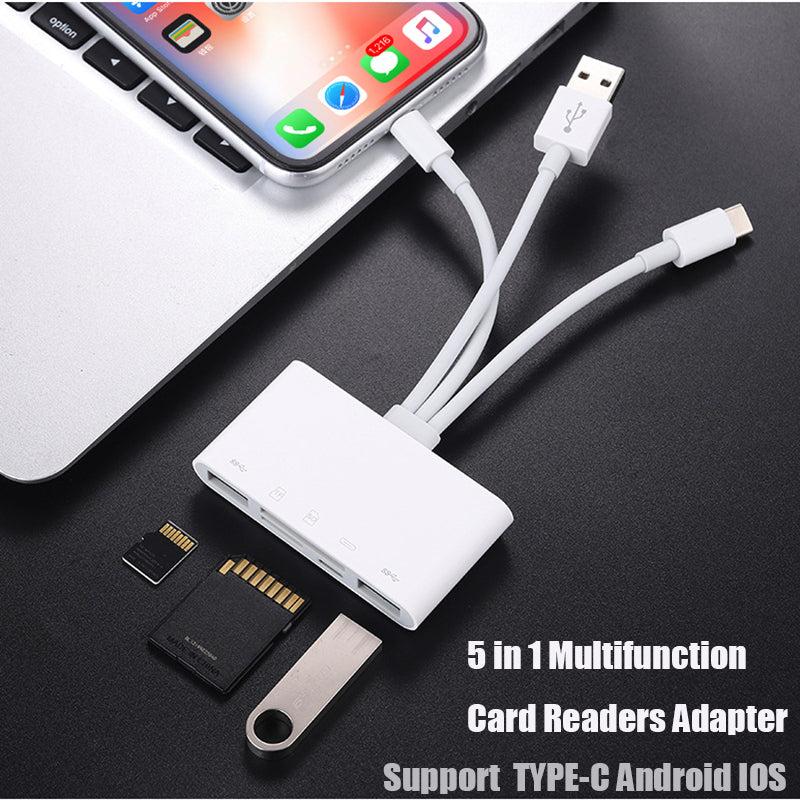 3 Heads USB 5 in 1 TypeC Android IOS Flash Drive SD/TF Card Reader Adapter for iphone ipad Macbook