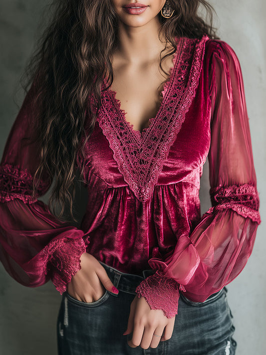 Romantic Hot Pink Velvet & Lace Sheer Puff Sleeve Blouse