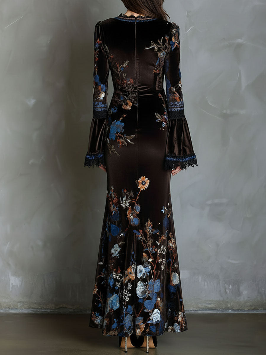 Elegance Midnight Velvet Floral Gown With Lace Trim