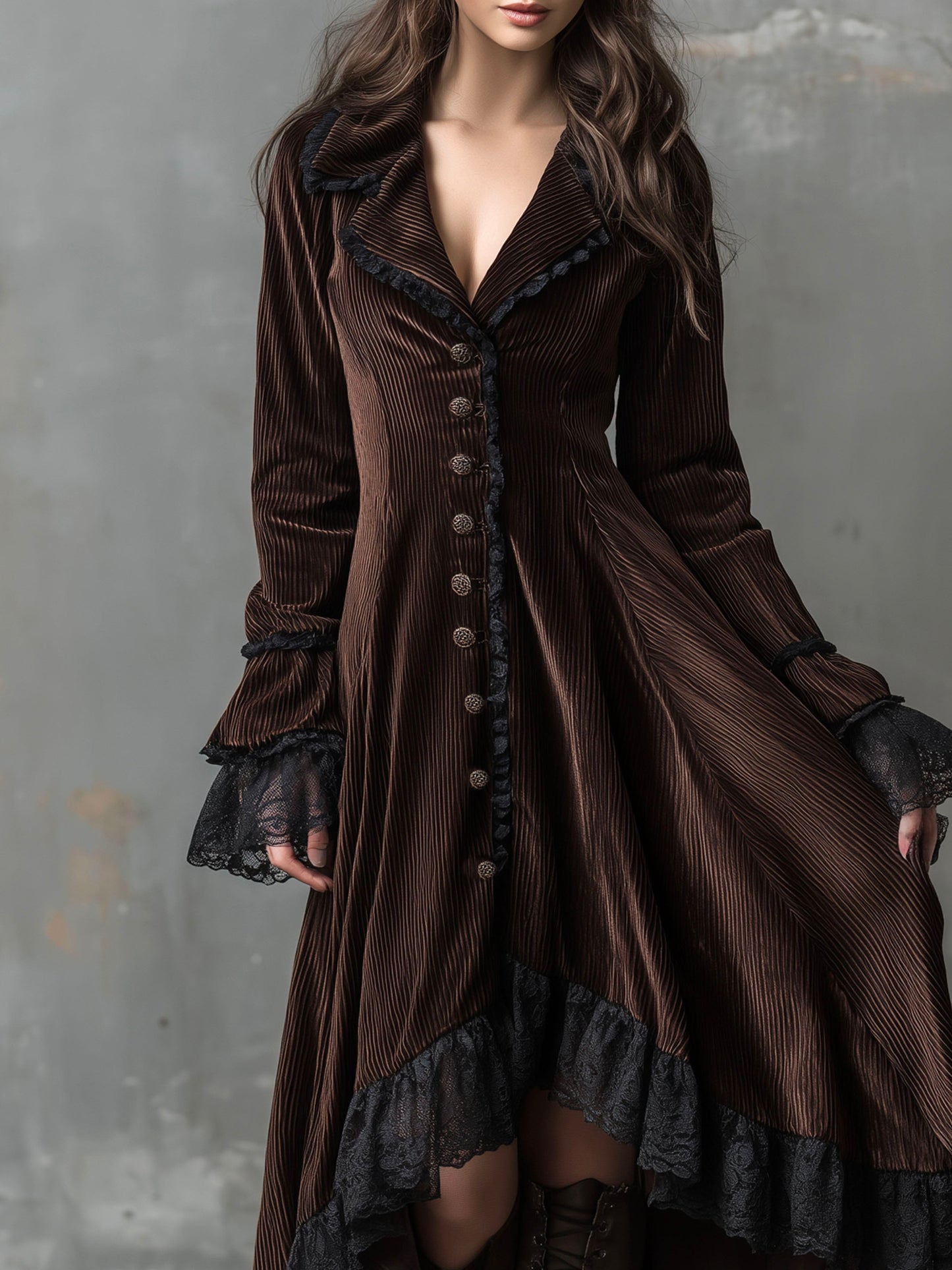 Vintage Velvet Gothic High-Low Maxi Dress With Lace Trim And Button Front