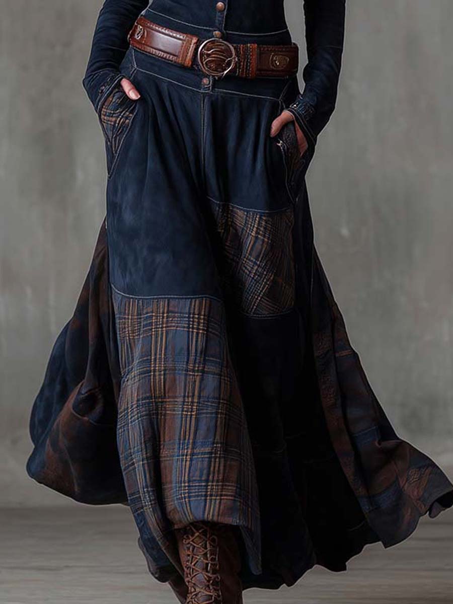 Vintage Patchwork Suede Maxi Dress With Plaid Panels