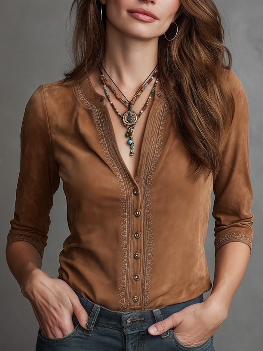Vintage Embroidered Trim Suede Blouse