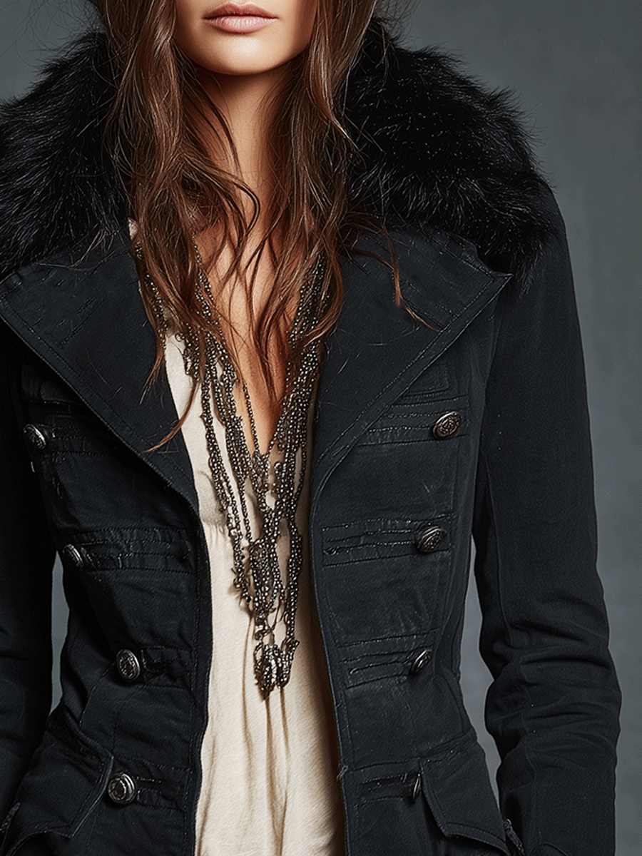 Vintage Black Double-Breasted Faux Fur Collar Jacket