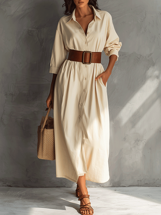 Casual Cream Tie Shirt Maxi Dress