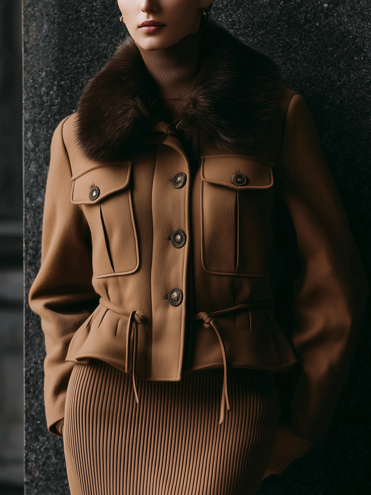 Vintage Military Style Wool Blend Fur Collar Jacket