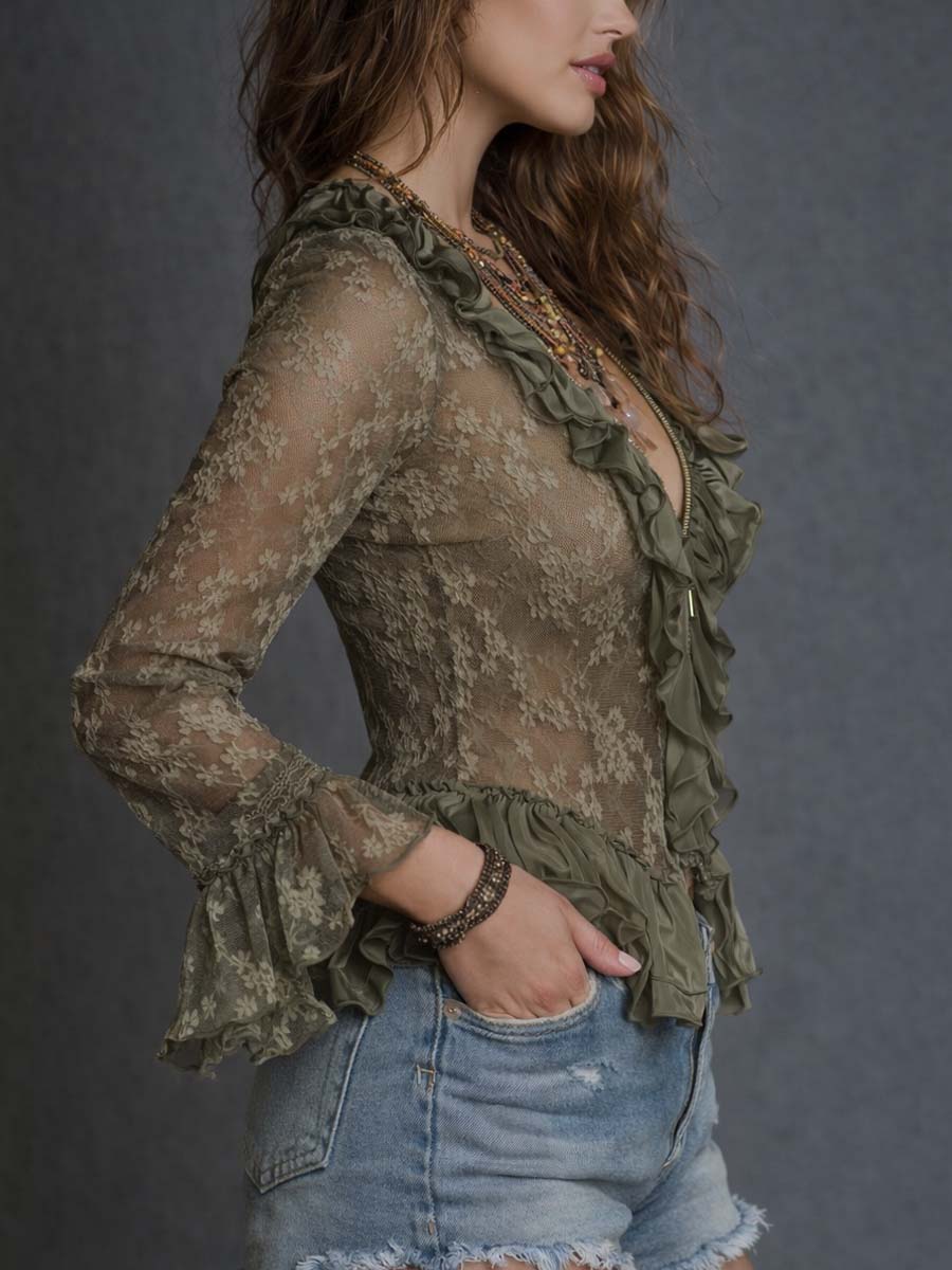 Romantic Bohemian Olive Lace Ruffle Sheer Top