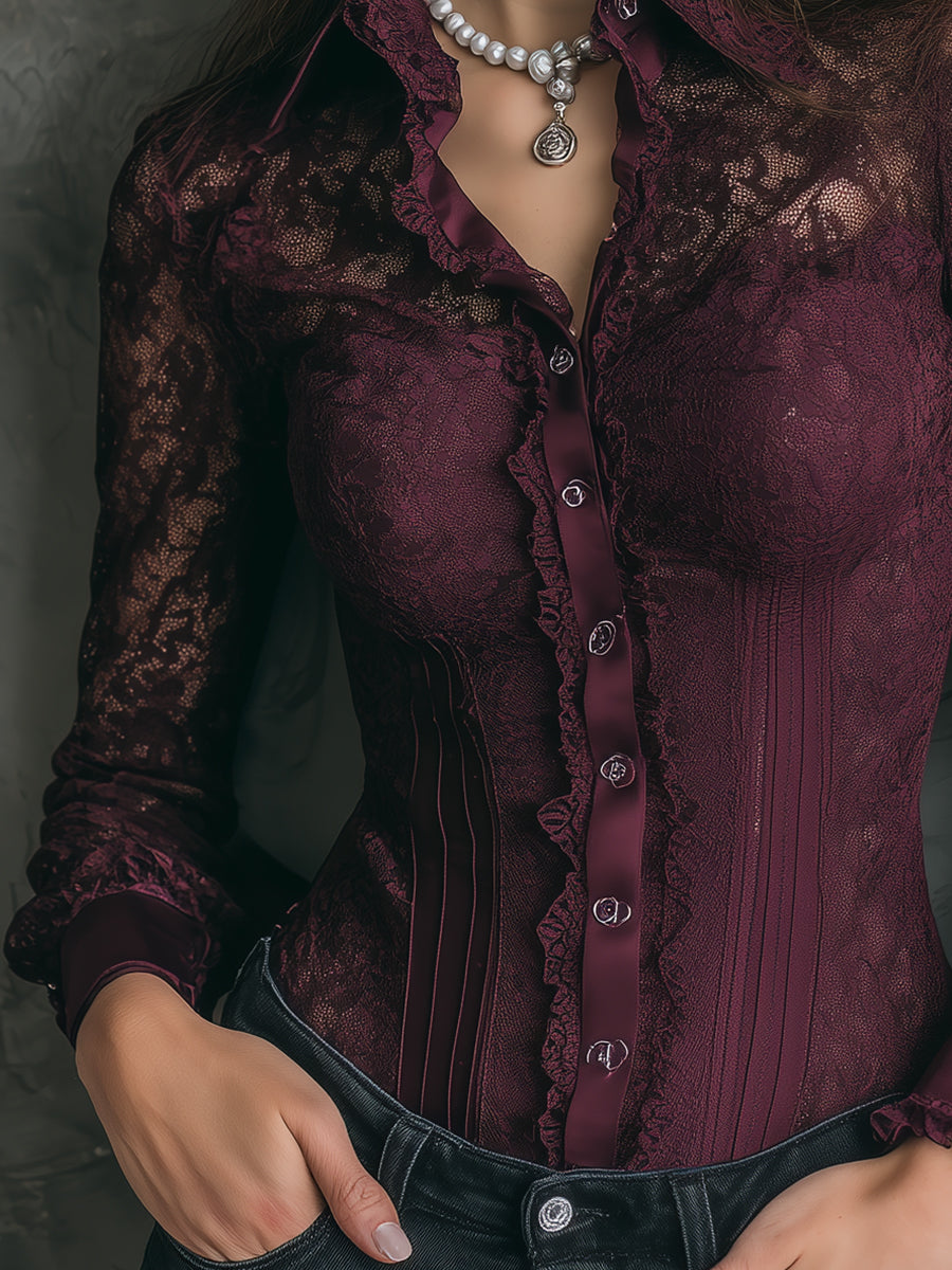 Retro Elegant Lace Satin Stitching Blouse