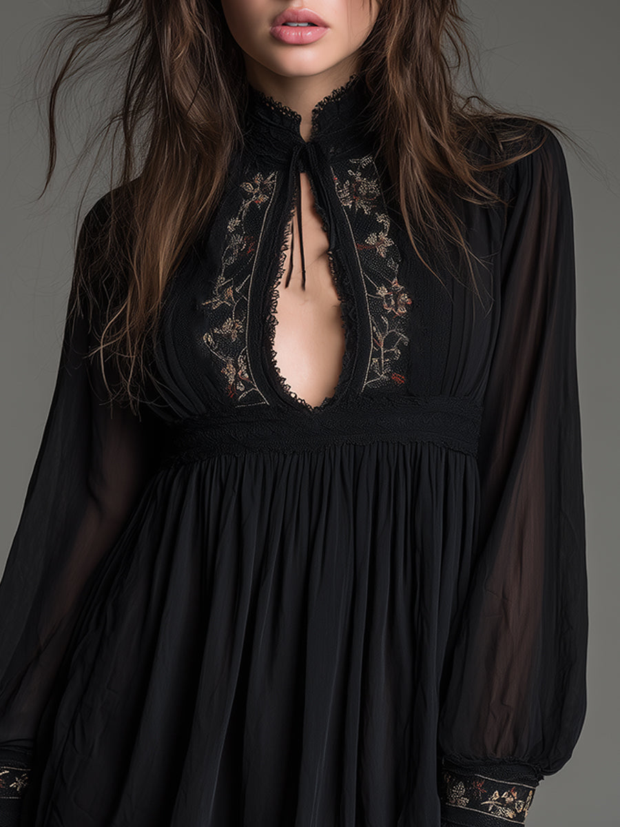 Bohemian Embroidered Chiffon Mini Dress With Keyhole Neckline