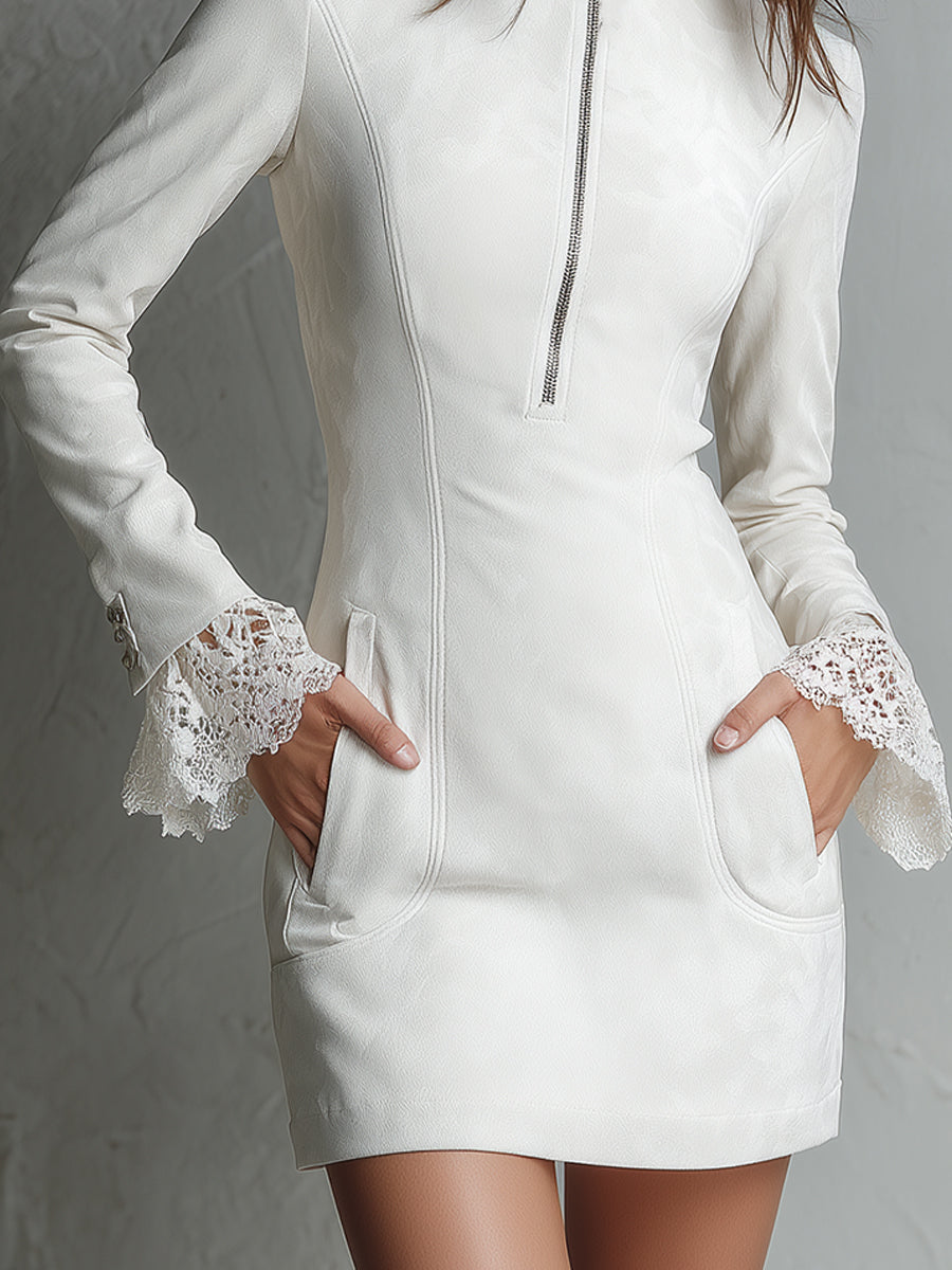 Elegant Suede Stand Collar Front Zipper Lace Mini Dress