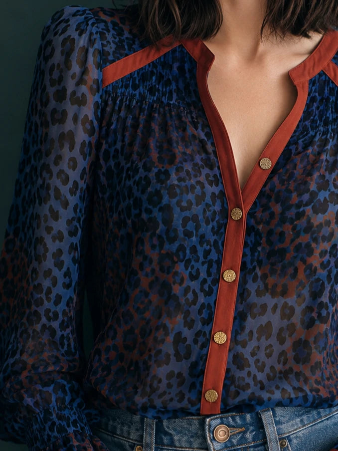 Navy Leopard Print V-Neck Chiffon Shirt