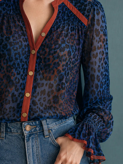 Navy Leopard Print V-Neck Chiffon Shirt