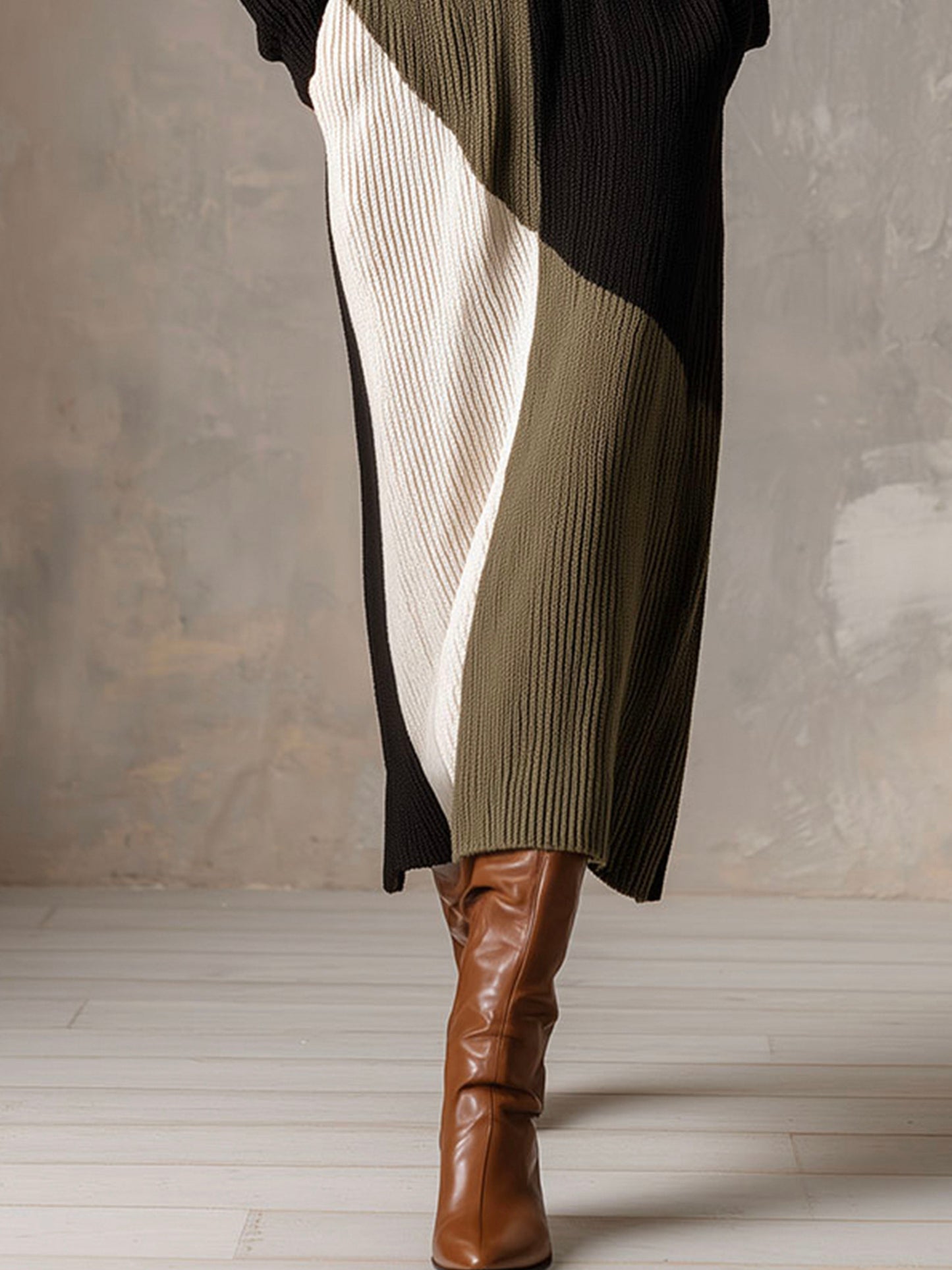 Cozy Color Block Ribbed Knit Sweater Dress