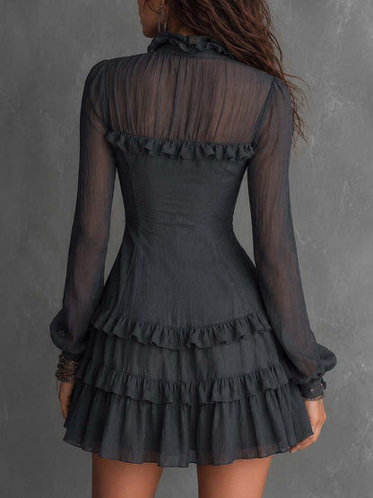 Boho Zip Front Ruffle Trim Sheer Long Sleeve Tiered Mini Dress