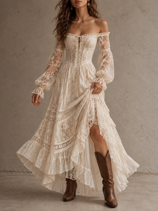Ivory Off-Shoulder Lace Ruffle Maxi Dress