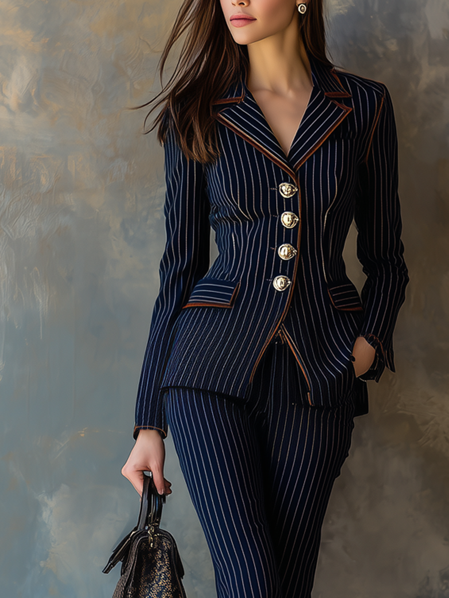 Retro Contrast Trim Striped Suit Matching Set