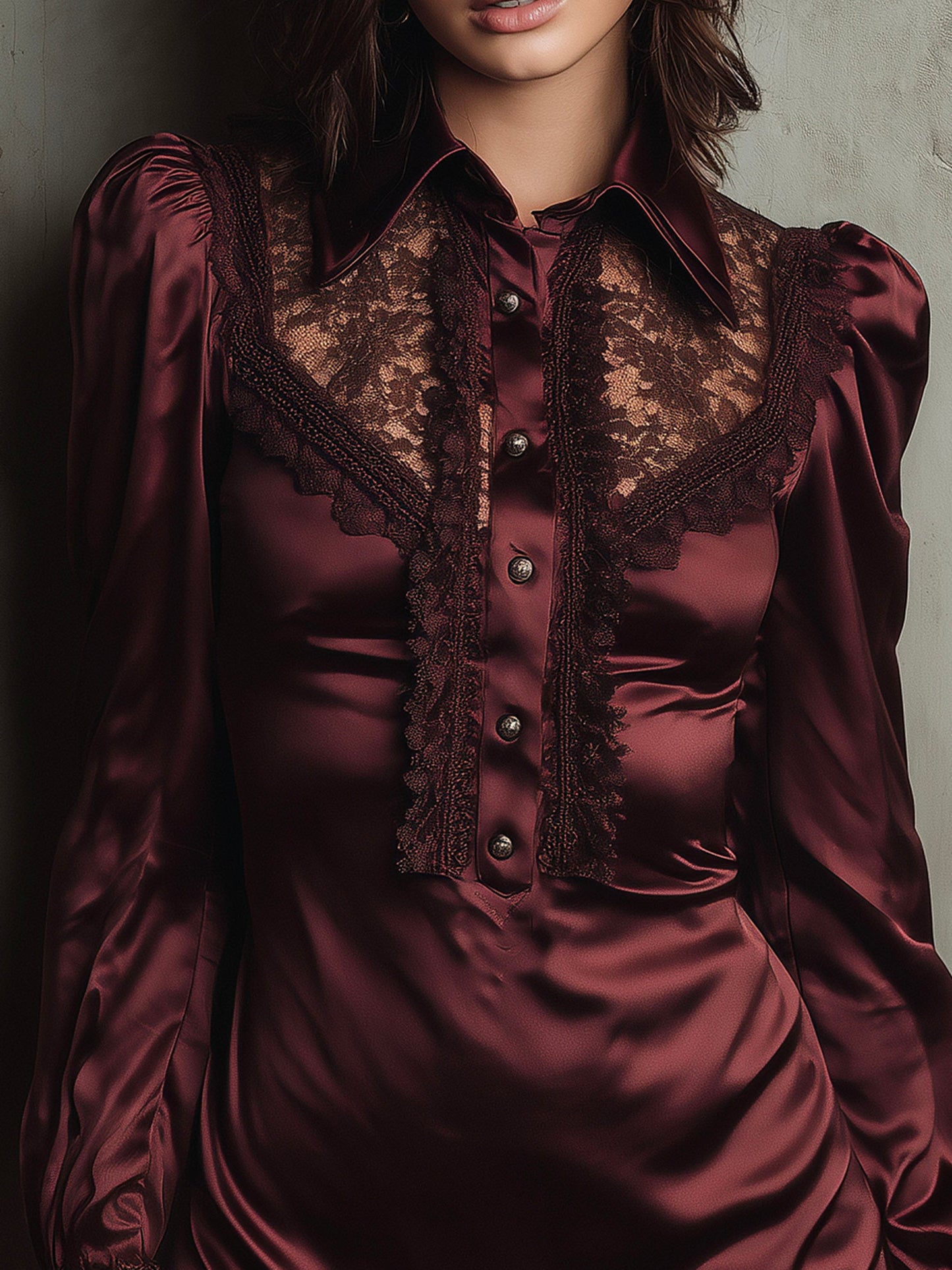 Vintage Burgundy Satin Mini Dress With Lace Accents