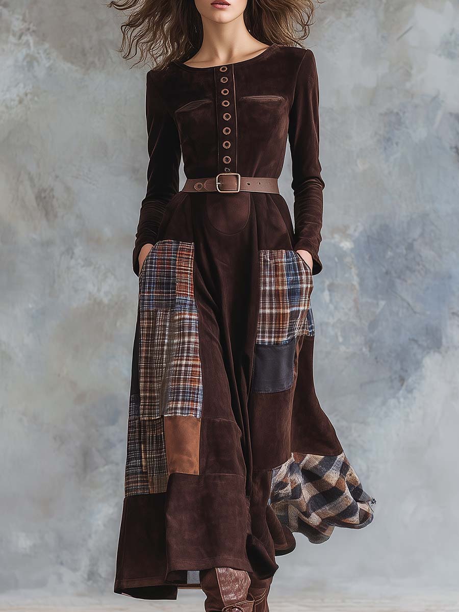 Vintage Patchwork Suede Maxi Dress