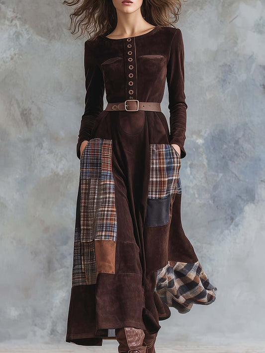 Vintage Patchwork Suede Maxi Dress
