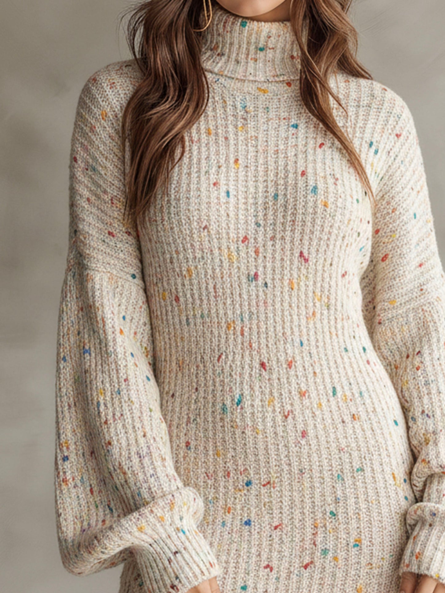 Chic Turtleneck Colorful Speckled Ribbed Knit Sweater Dress