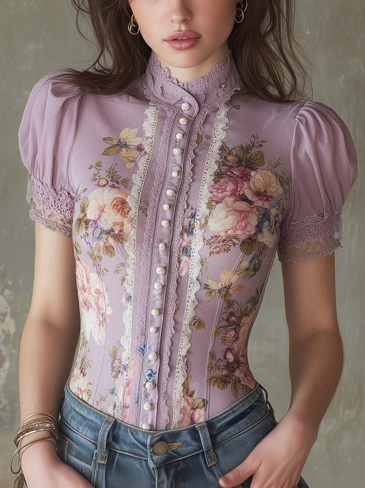Vintage Lace Trim Oil Painting Chiffon Short-sleeved Blouse