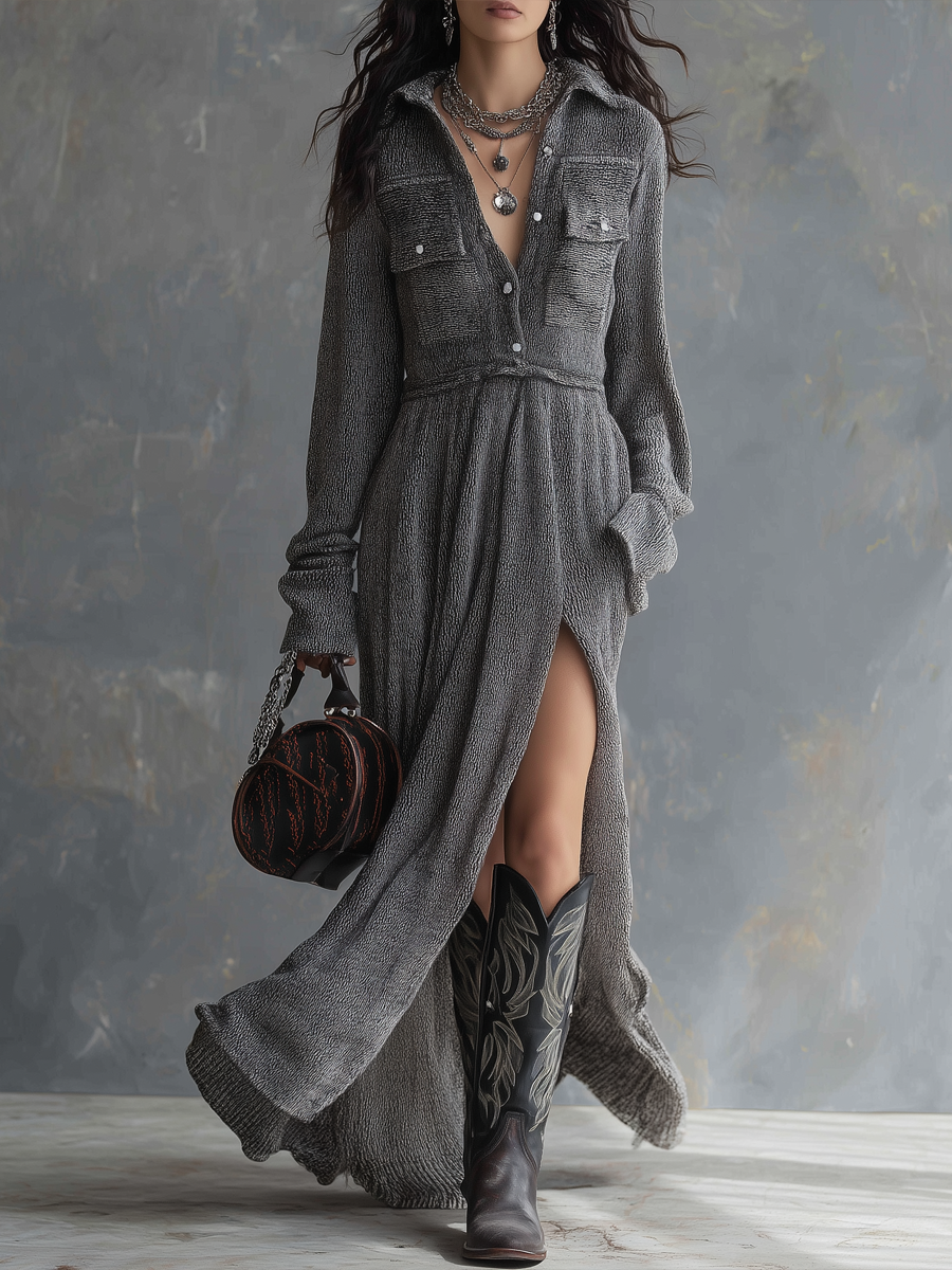 Retro Flap Pocket Knitted Maxi Dress