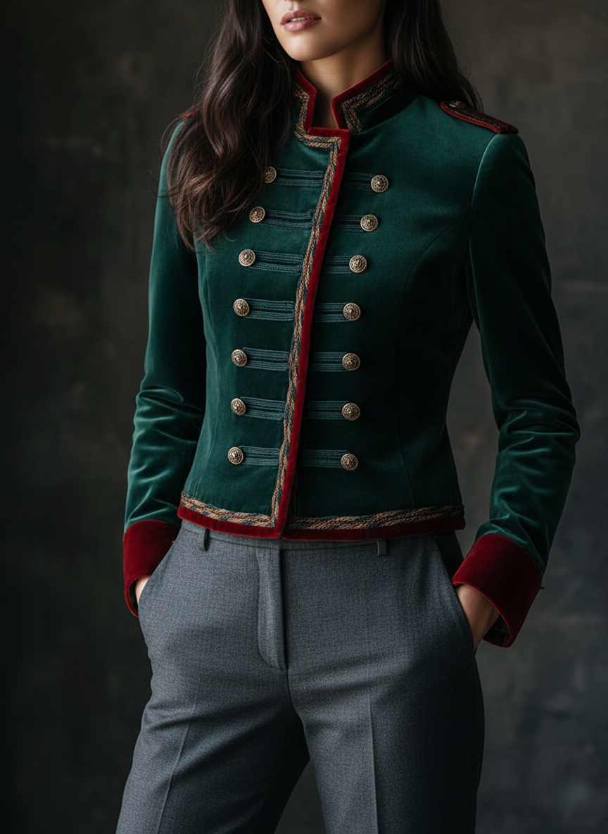 Elegant Emerald Velvet Military Style Jacket with Gold Buttons