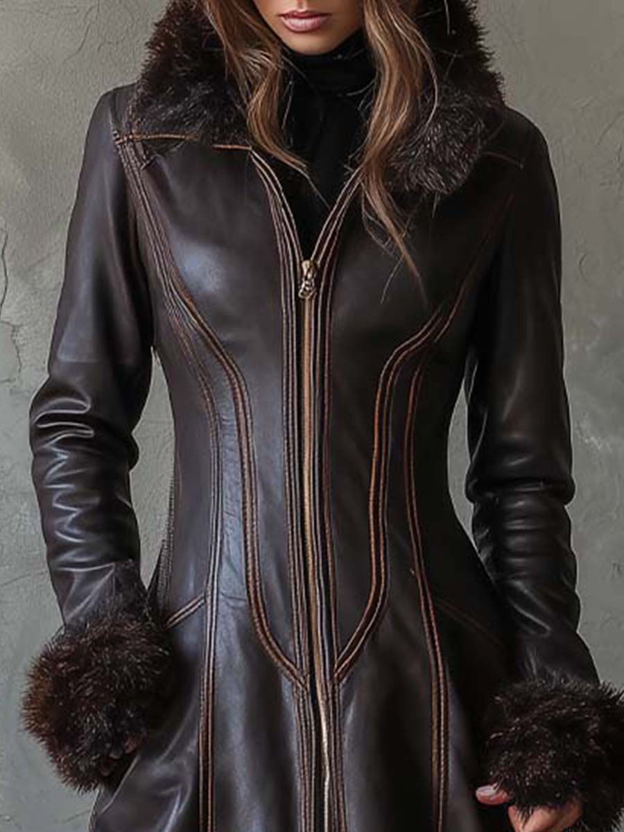 Vintage Brown Eco-Leather Maxi Coat With Fur Trim – Quiet Luxury Toscana Edition