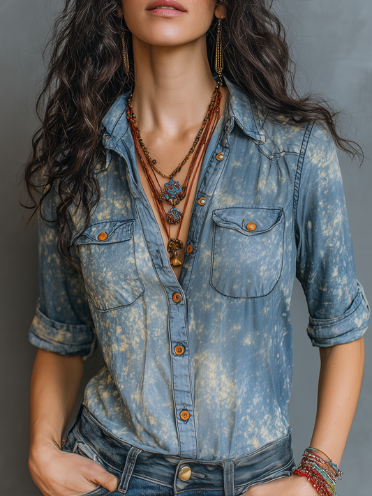 Retro Mottled Pockets Washed Denim Blouse