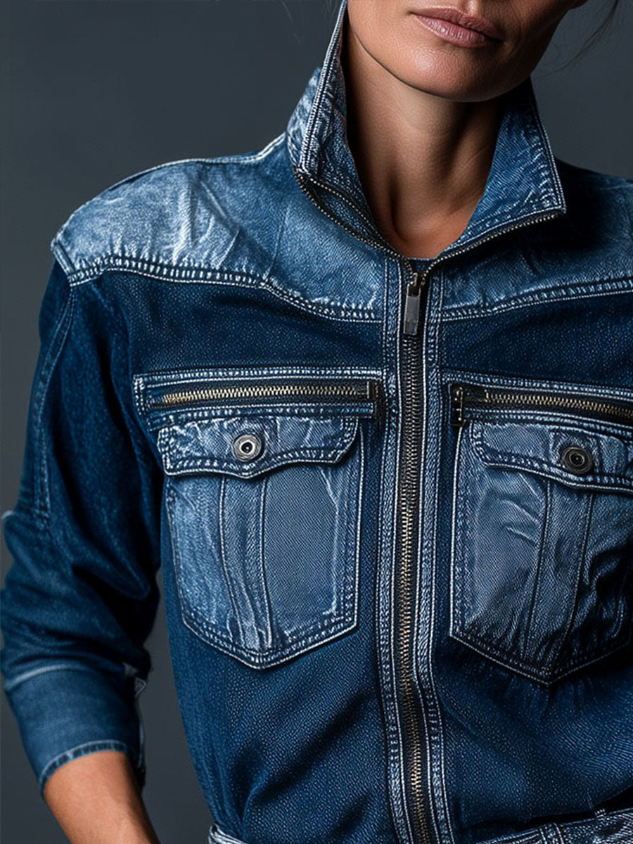 Chic Dark Wash Contrast Denim Moto Jacket  With Utility Pockets