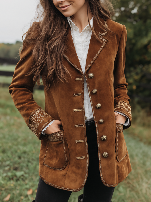 Retro Embroidered Cuffs Eco-friendly Suede Coat