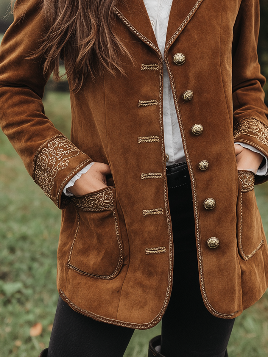 Retro Embroidered Cuffs Eco-friendly Suede Coat