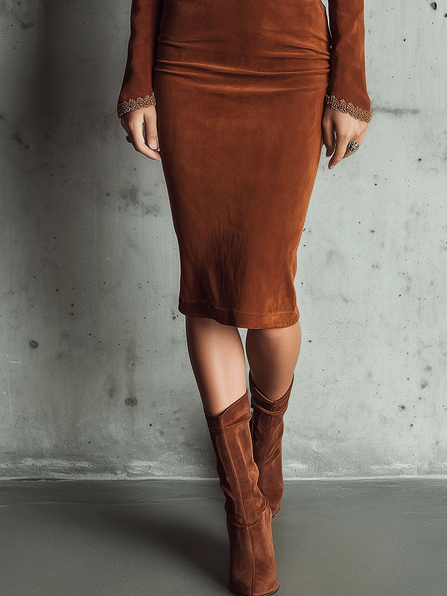Retro V-Neck Brown Miscrosuede Lace Trim Midi DressWith Pleated Waist