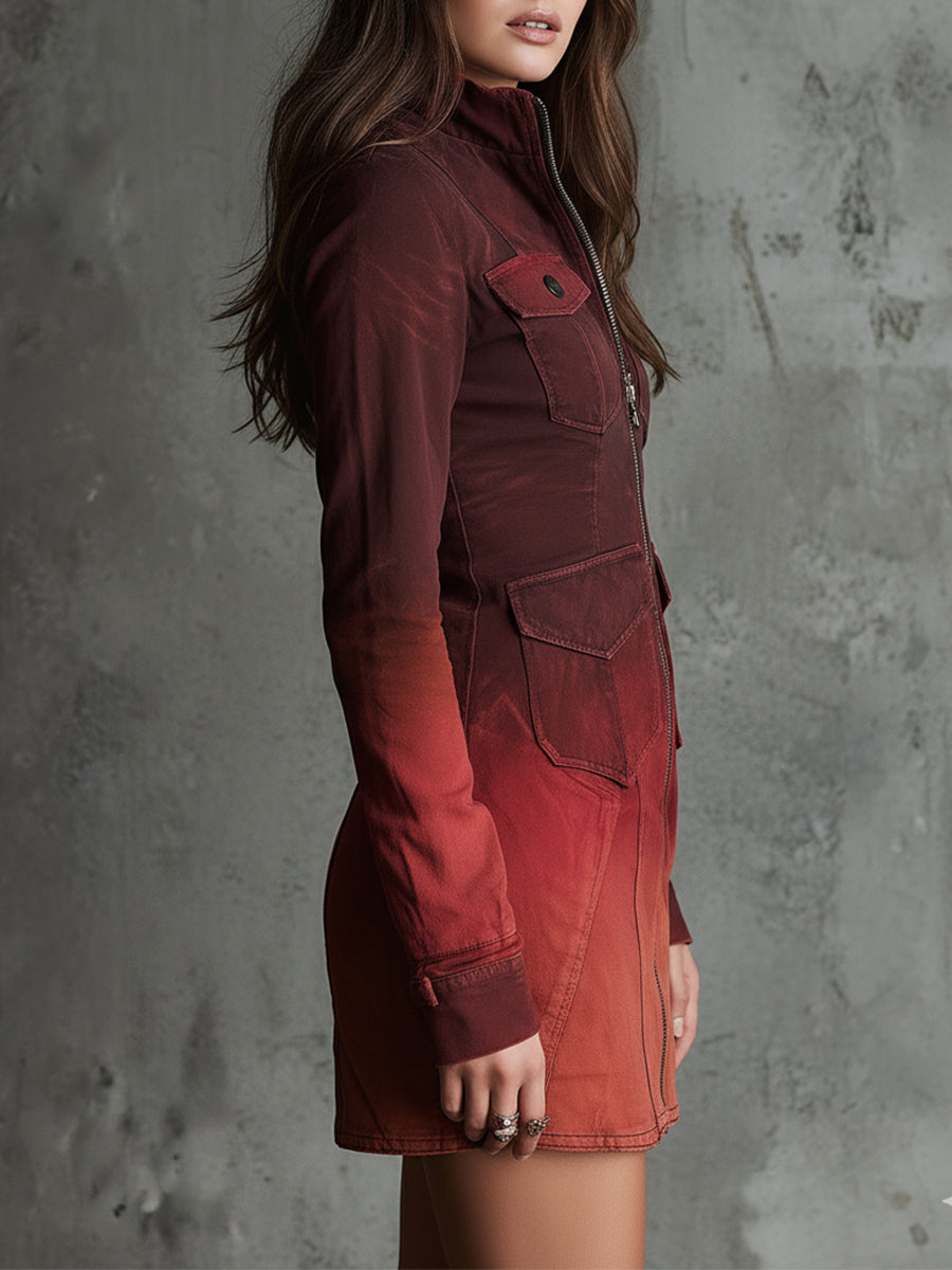 Bohemian Washed Gradient Denim Flap Pocket Slim Mini Dress