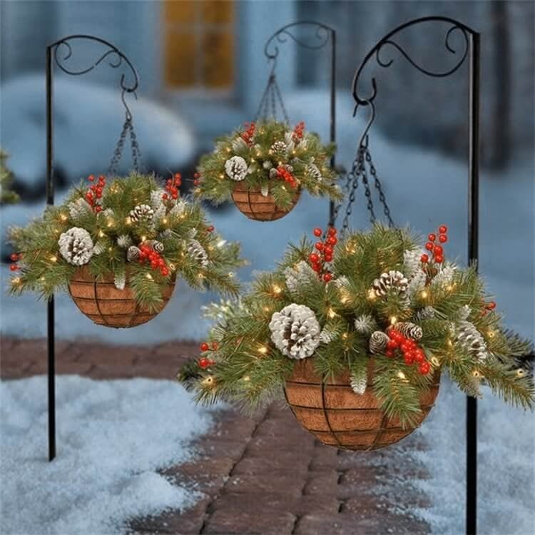 Christmas Hanging Basket - Flocked with Mixed Decorations and White LED Lights - Frosted Berry