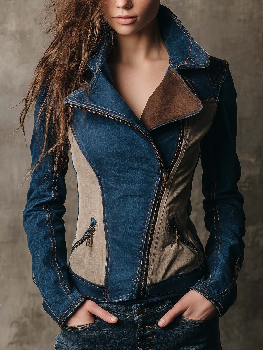 Colorblock Washed Denim Moto Jacket