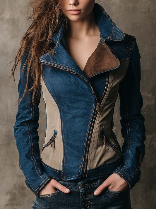 Colorblock Washed Denim Moto Jacket