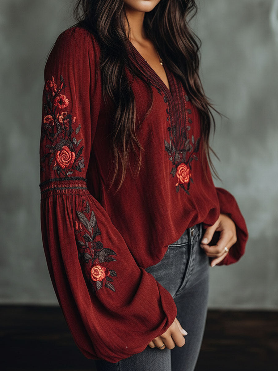 Vintage Red Embroidered Lantern Sleeve Boho Blouse