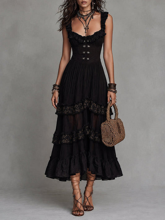 Vintage Chiffon Crinkle A-Line Midi Dress With Lace Trim