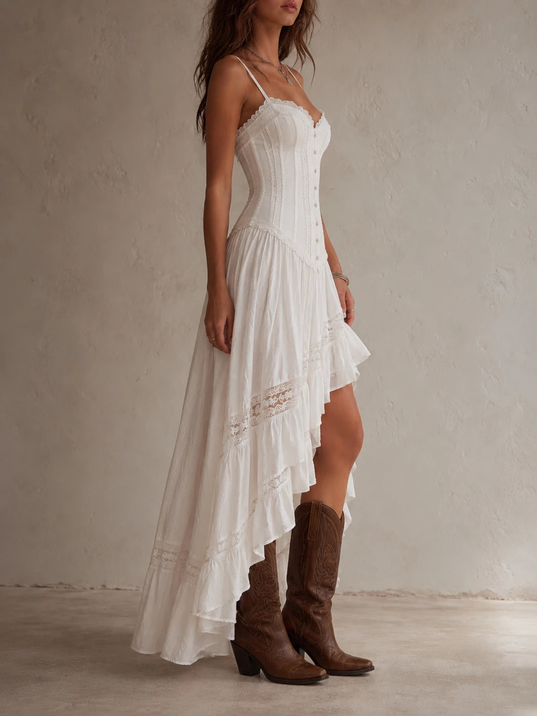 White Lace Corset Spaghetti Strap Ruffle Maxi Dress