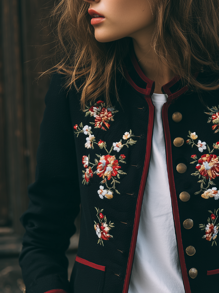 Retro Contrasting Trim Embroidered Jacket