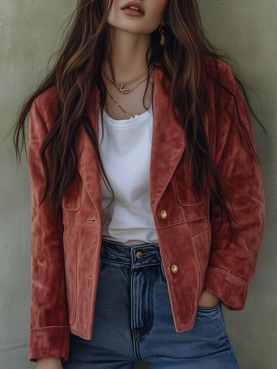 Casual Vintage Rose Velvet Jacket