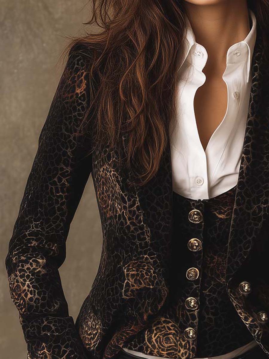 Velvet Leopard-Rose Print Tailored Blazer — Dark Romance Edition