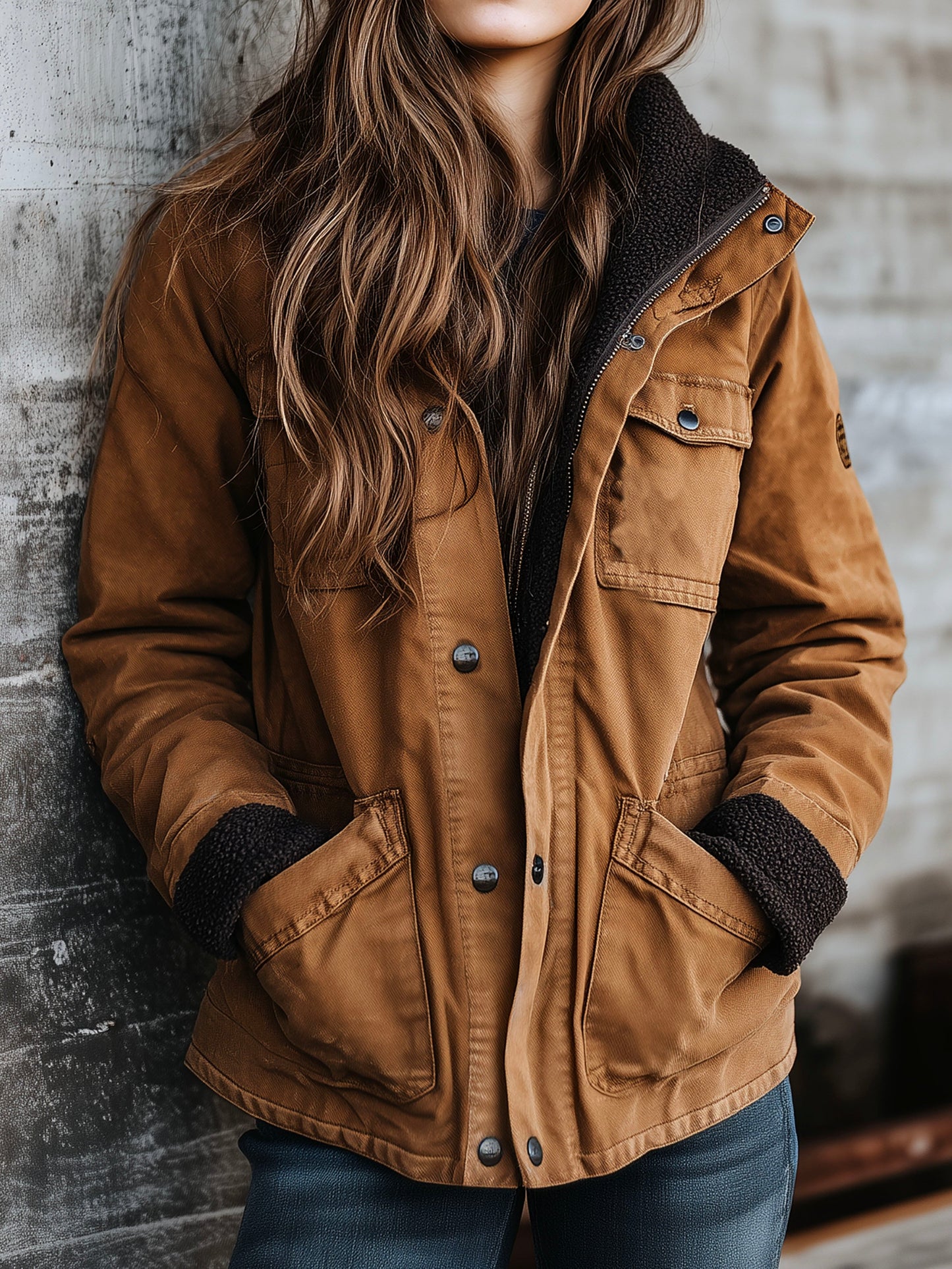 Camel Brown Warm Sherpa Inner Lining Canvas Utility Jacket