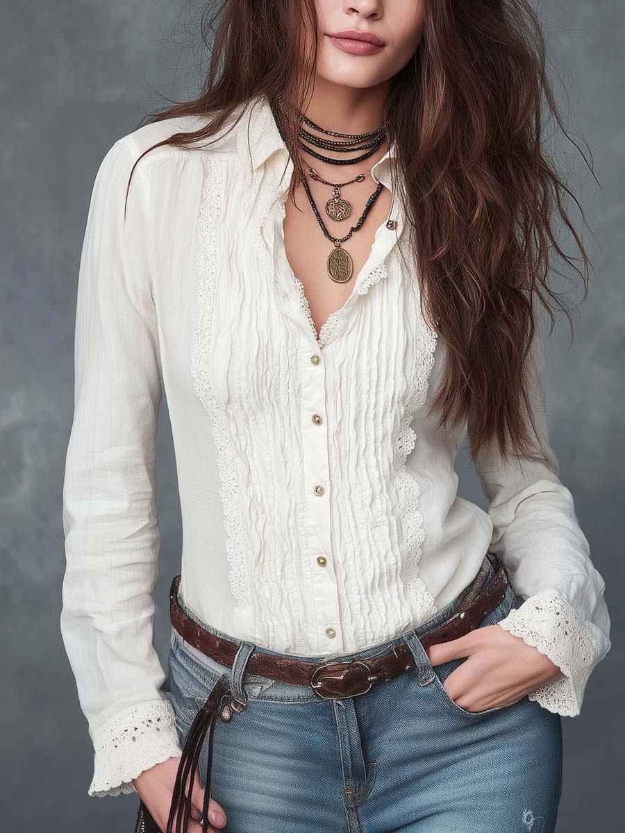 Retro Pleated Long-sleeved Blouse