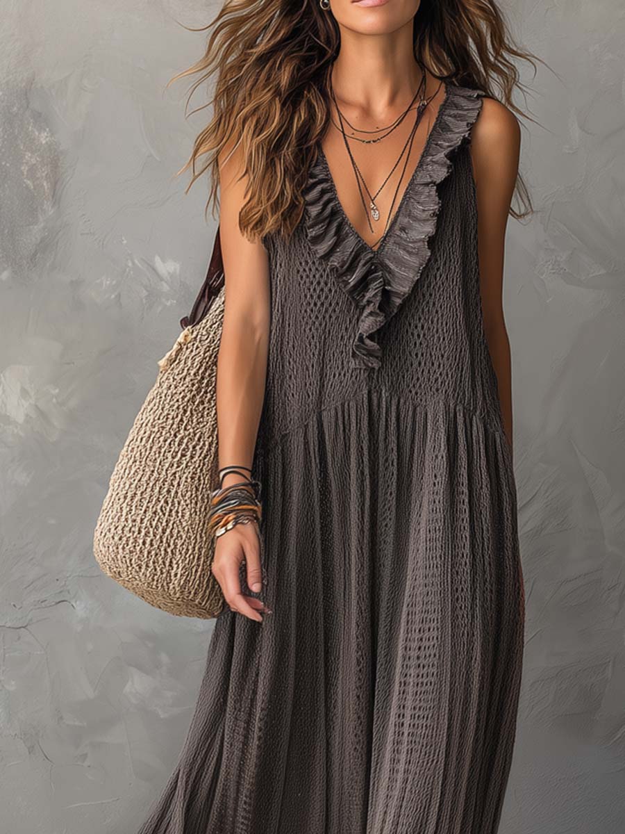 Vintage Ruffled Collar Flare Hem Sleeveless Knitted Maxi Dress