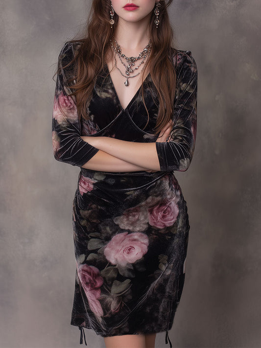 Elegant Velvet Rose Print Hem Drawstring Midi Dress