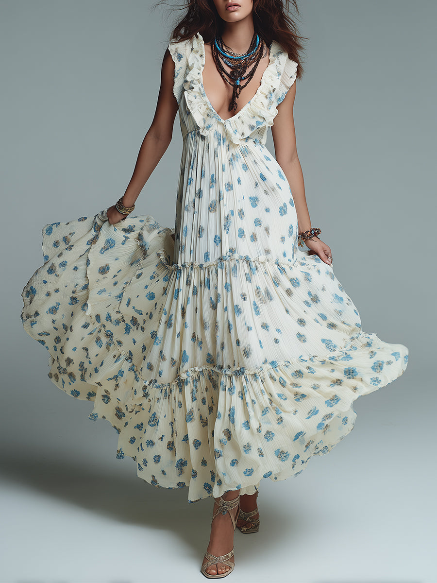 Bohemian Floral Print Pleated Maxi Dress With Ruffles