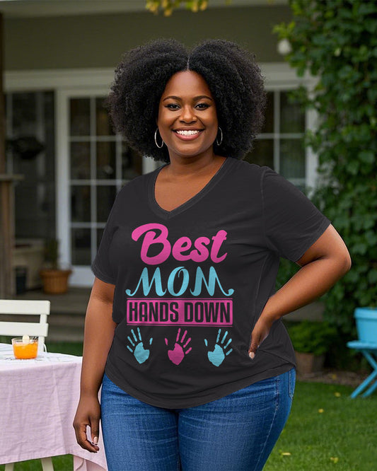 Best Mom Hands Down V Neck Short Sleeve Cotton T-shirt